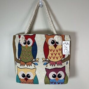 Owl Tapestry Cotton Rope Handle Tote Bag 14x16 new —no zipper Utility‎ Shopping